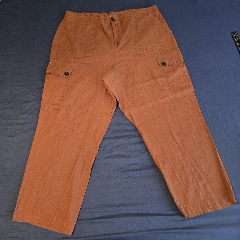 Ava &‎ Viv Pants Womens 1X Brown Linen Cotton Cargo Elastic Waist Crop Summer